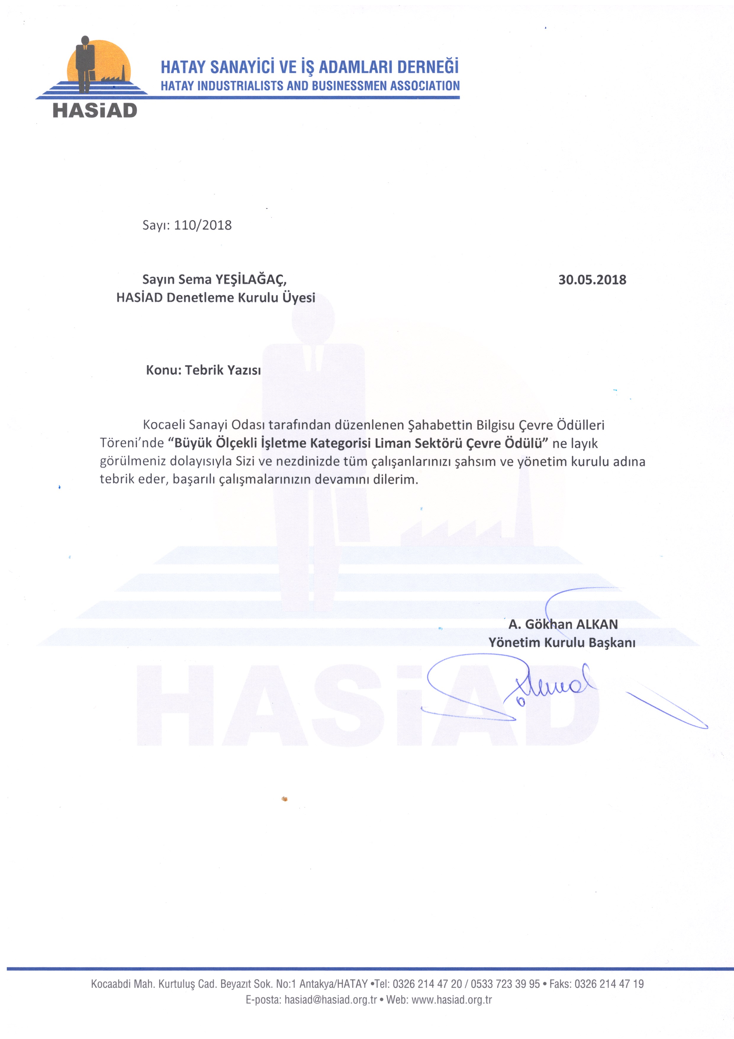 HASİAD TEBRİK YAZISI