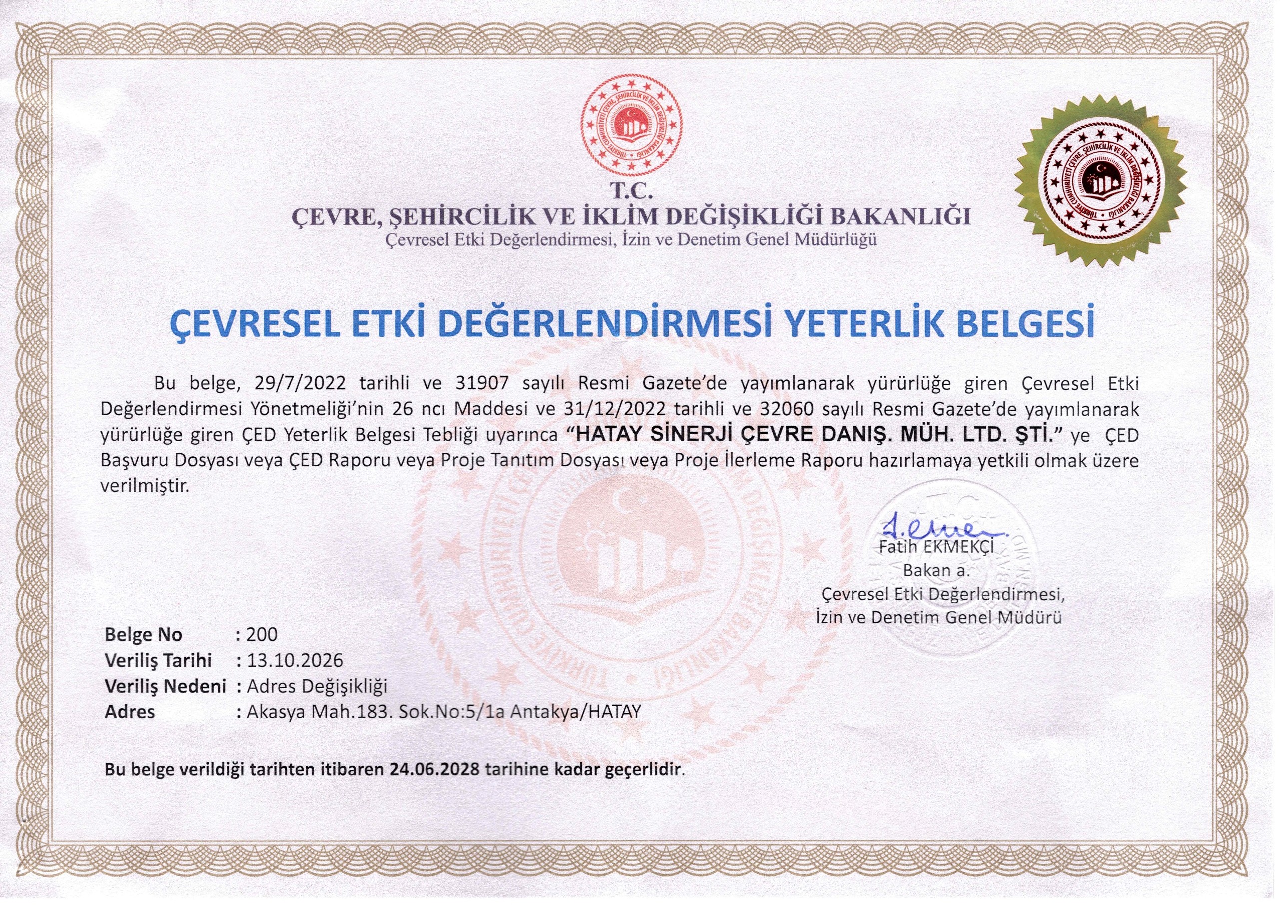 ÇED Yeterlik Belgesi